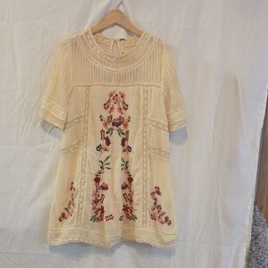 Free People Cream Embroidered Floral Tunic